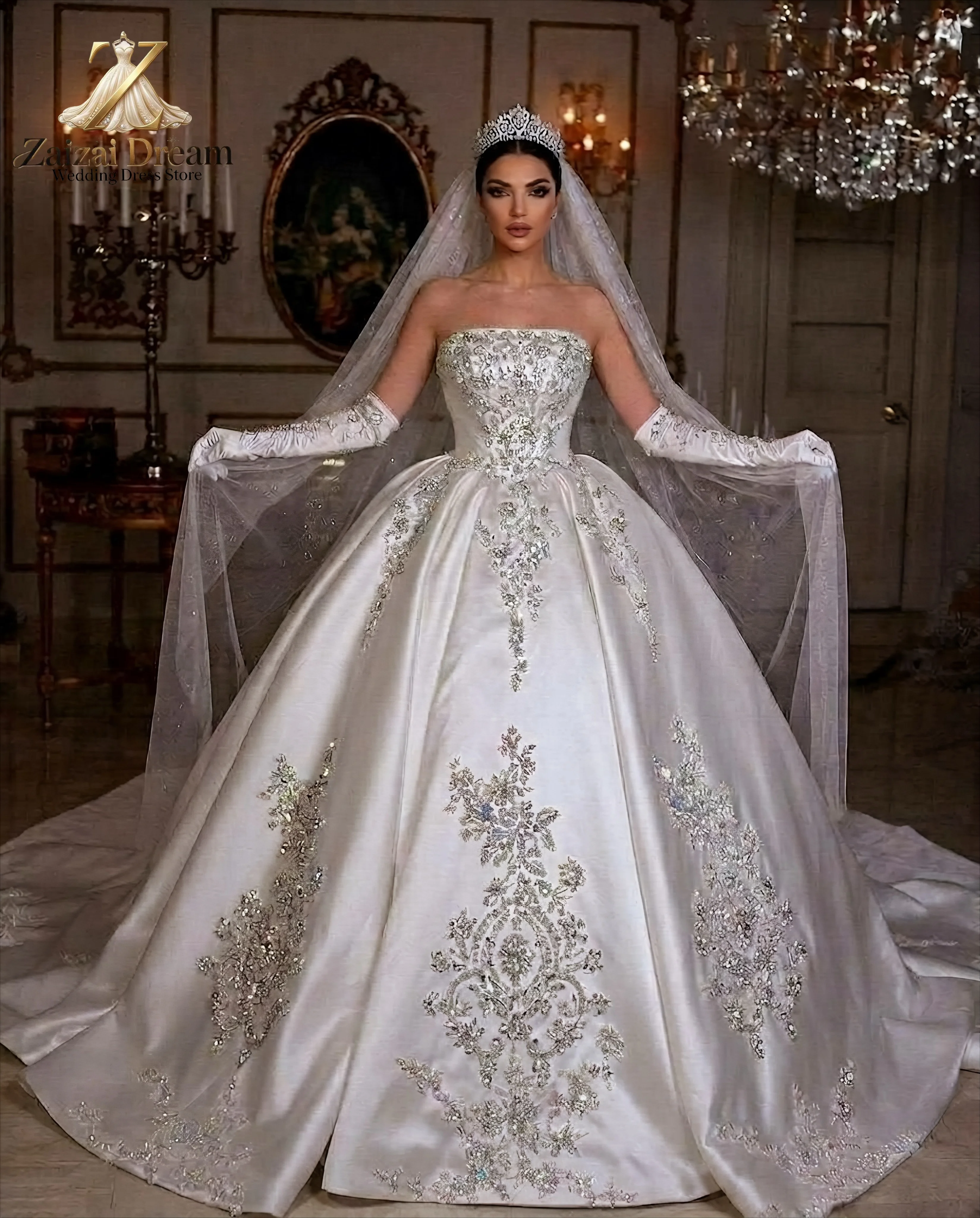 Customized LuxurySatin Ball Gown Wedding Dress Strapless Crystal Beaded Bridal Gown Silver Appliques Long Train Vestido De Noiva
