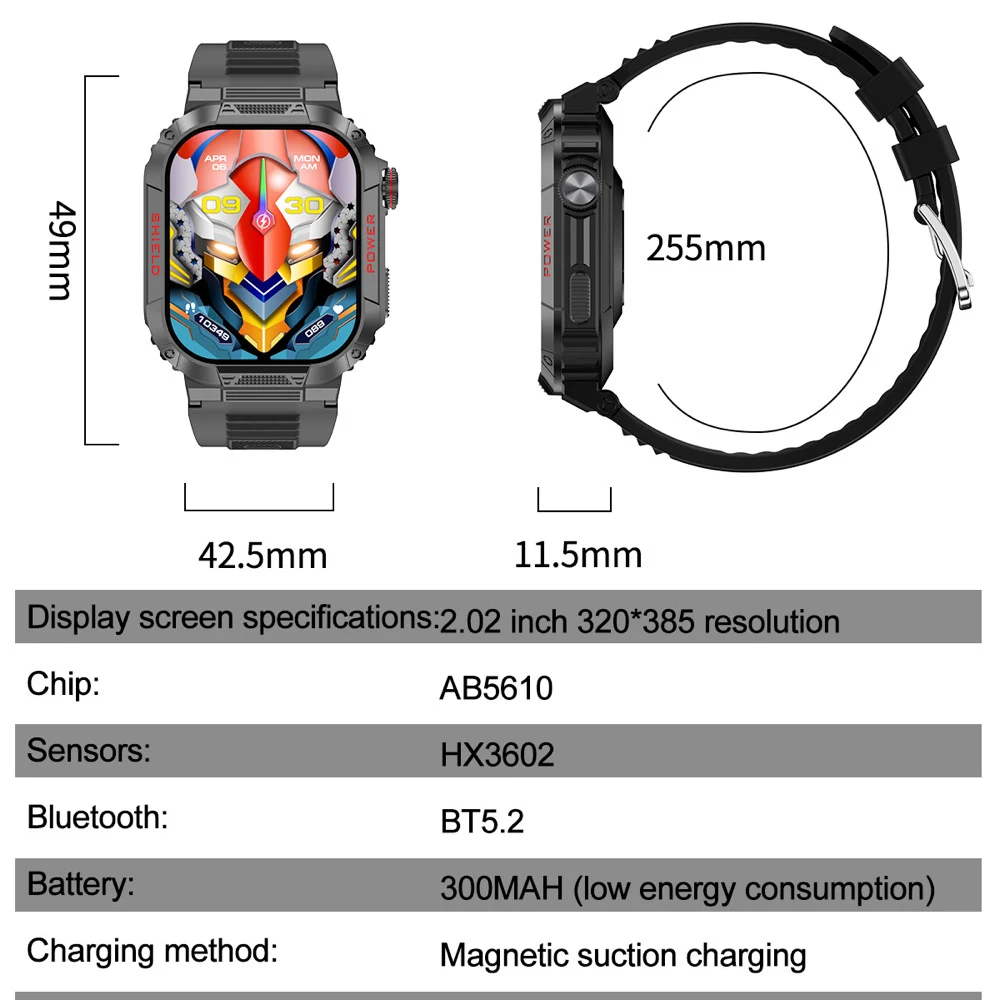 

Sports Fitness Smartwatch Men Outdoor 2.02 Inch Blue Tooth Call Heart Rate Smart Watches IP68 Waterproof AI Voice Assistant