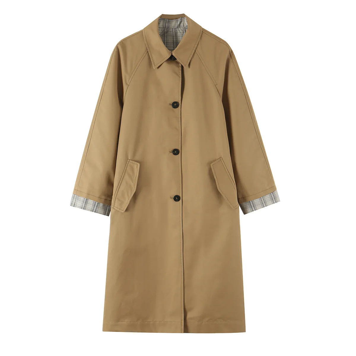 Vintage Women Autumn Lapel Collar Reversible Trench Single-breasted Buttons Back Slit Midi Long Windbreaker Coat Loose Outerwear