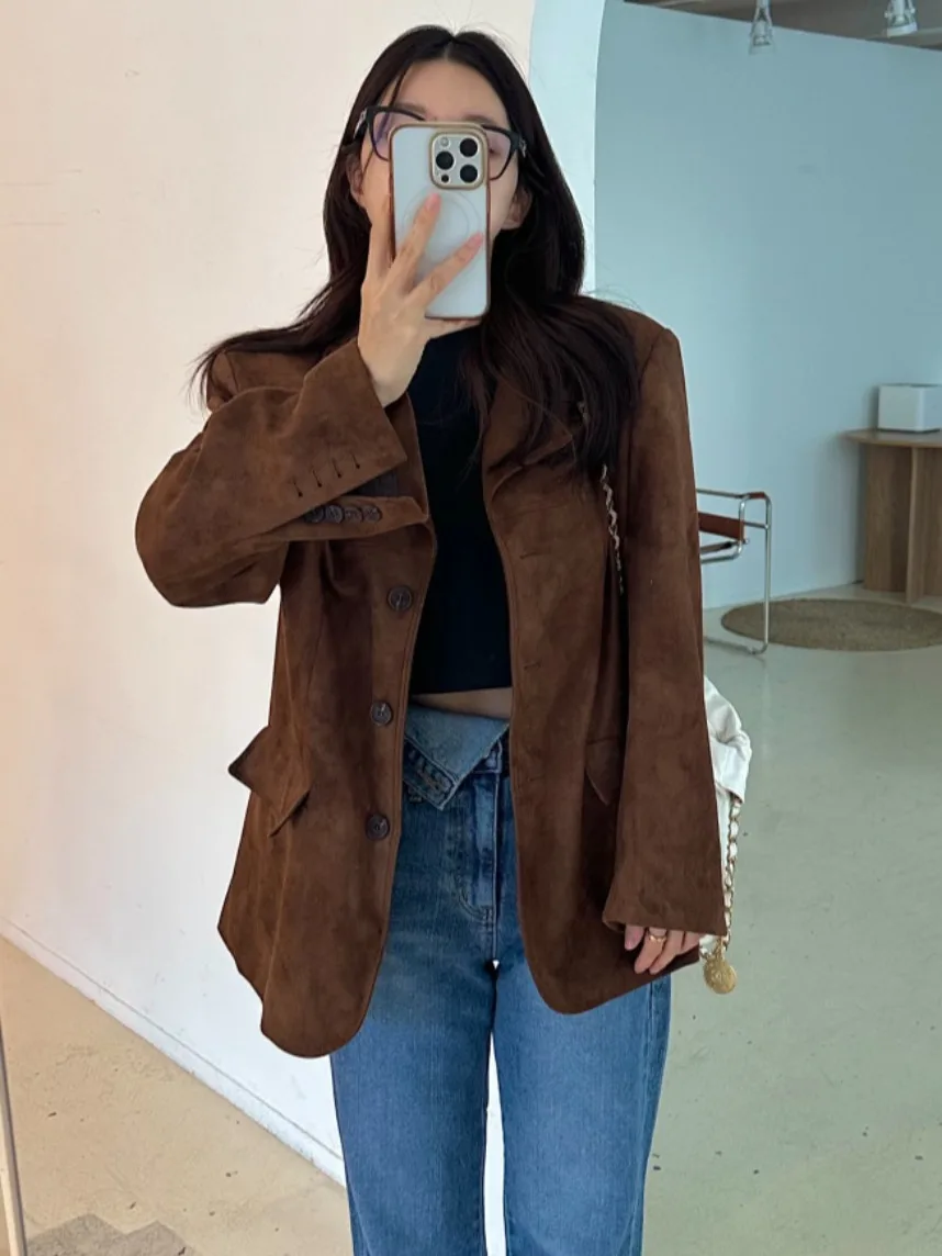 Jaet en cuir et velours pour femmes, bouton unique, Hong Kong Sle, rétro, Chic, ample, polyvalent, sensation haut de gamme, tendance, automne