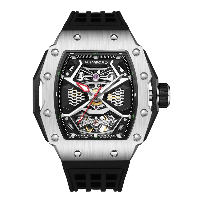 HANBORO Tonneau type men's fully automatic luxury skeleton watch fashion mechanical watch luminous skeleton waterproof watch