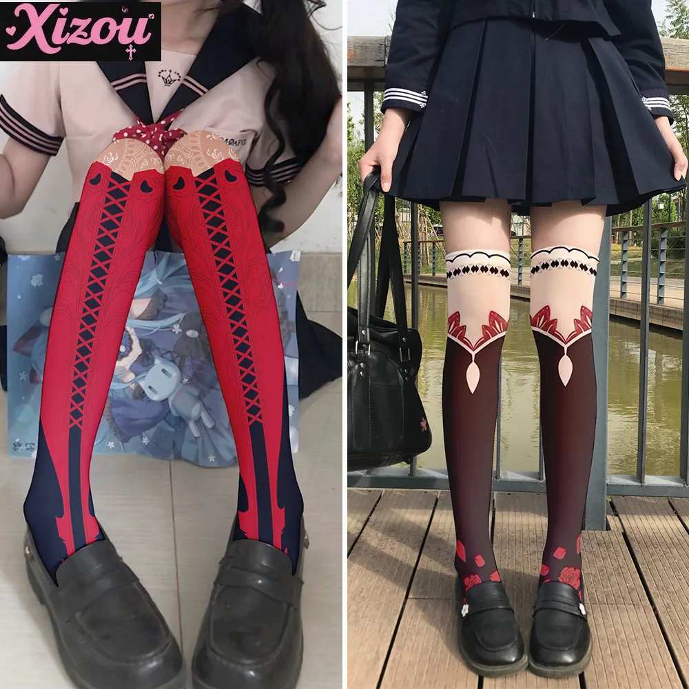 Japanese Lolita cute lace-up element printed stockings women's street trend with jk system creative casual knee socks women