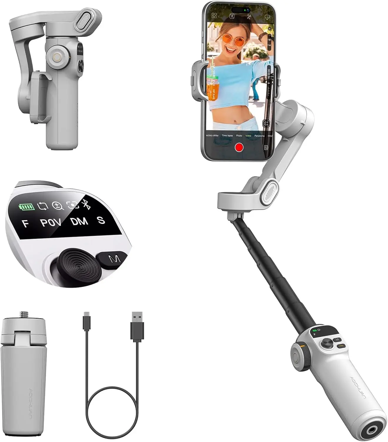 AOCHUAN Handheld Gimbal Stabilizer 3 Axis Built-in 20cm Extension Rod LED Display Phone Holder For Vlog Shooting Live Streaming