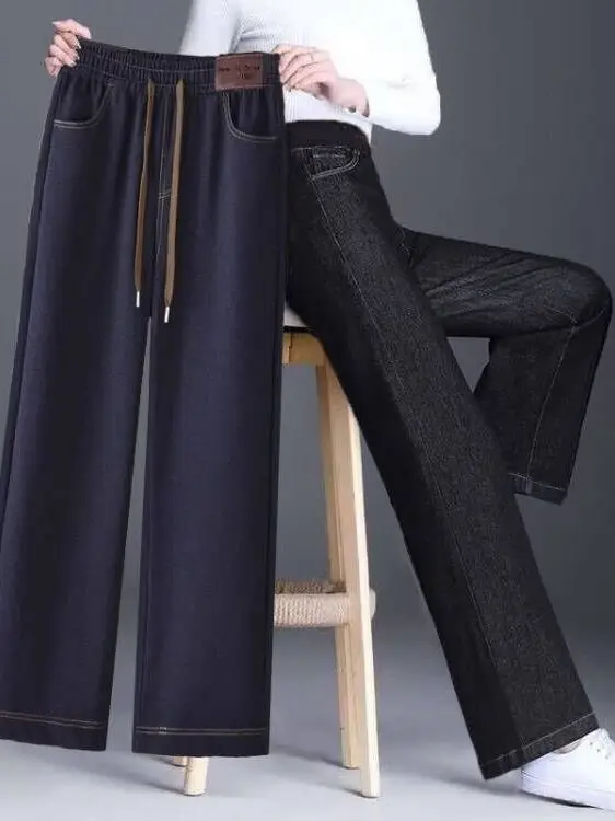 

Утепленные прямые джинсы-брюки для женщин, повседневные, зимние, теплые, на флисовой подкладке, с высокой талией, из полиэфирного волокна