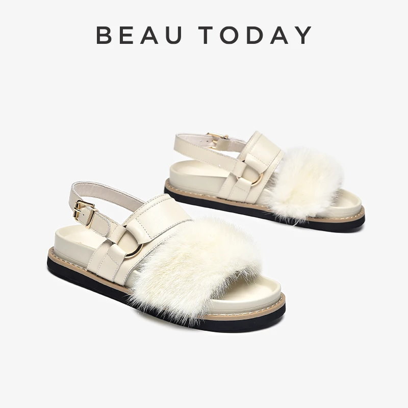 

BEAUTODAY Fashion Sandals Women Genuine Cow Leather Mink Decoration Metal Buckle Solid Summer 2023 Ladies Shoes Handmade 34565