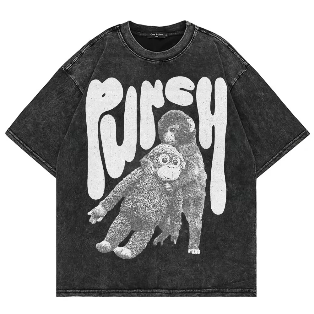 100% Cotton Vintage Washed Monkey Punch Graphic T‑Shirt Fashion Unisex Men Baby Monkey Holding Plush Toy Streetwear Casual Tops
