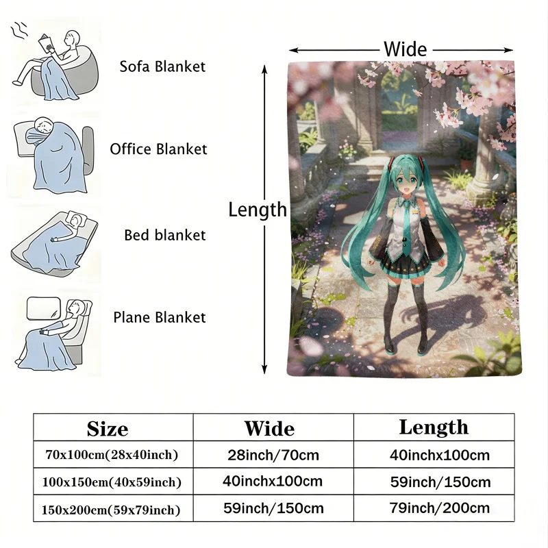 Hatsune Miku Cherry Blossom Garden Flannel Throw Blanket Anime Fan Gift Summer Nap Throw Sofa Blanket Bed Cover Travel Blanket