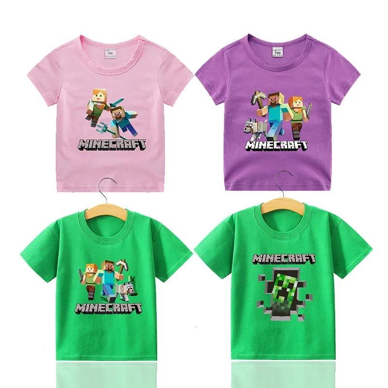 Camiseta de Miner Crafting Pixel para niños y niñas, Camisetas estampadas Kawaii, Tops de algodón 100%, regalos de cumpleaños de Anime de Navidad