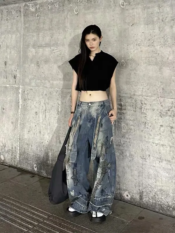 Rustic Style Distressed Embroidered Heavy Work Loose Casual Large Size Draping Wide Leg Pants Women Trendy High Waist Jeans