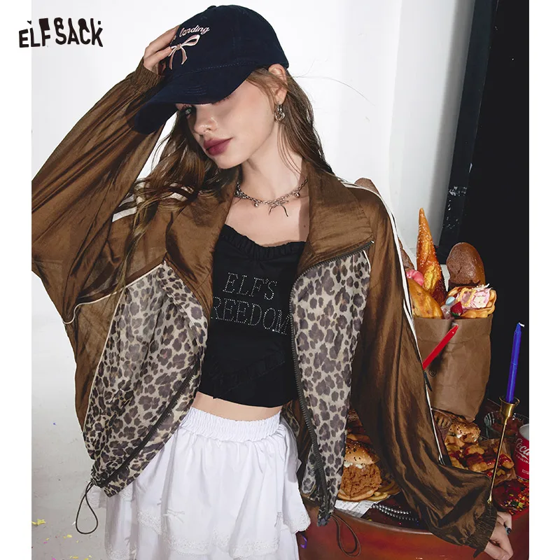 

2024 Summer ELFSACK New Arrivals Leopard print brown stripes contrast color small casual thin short jacket for women