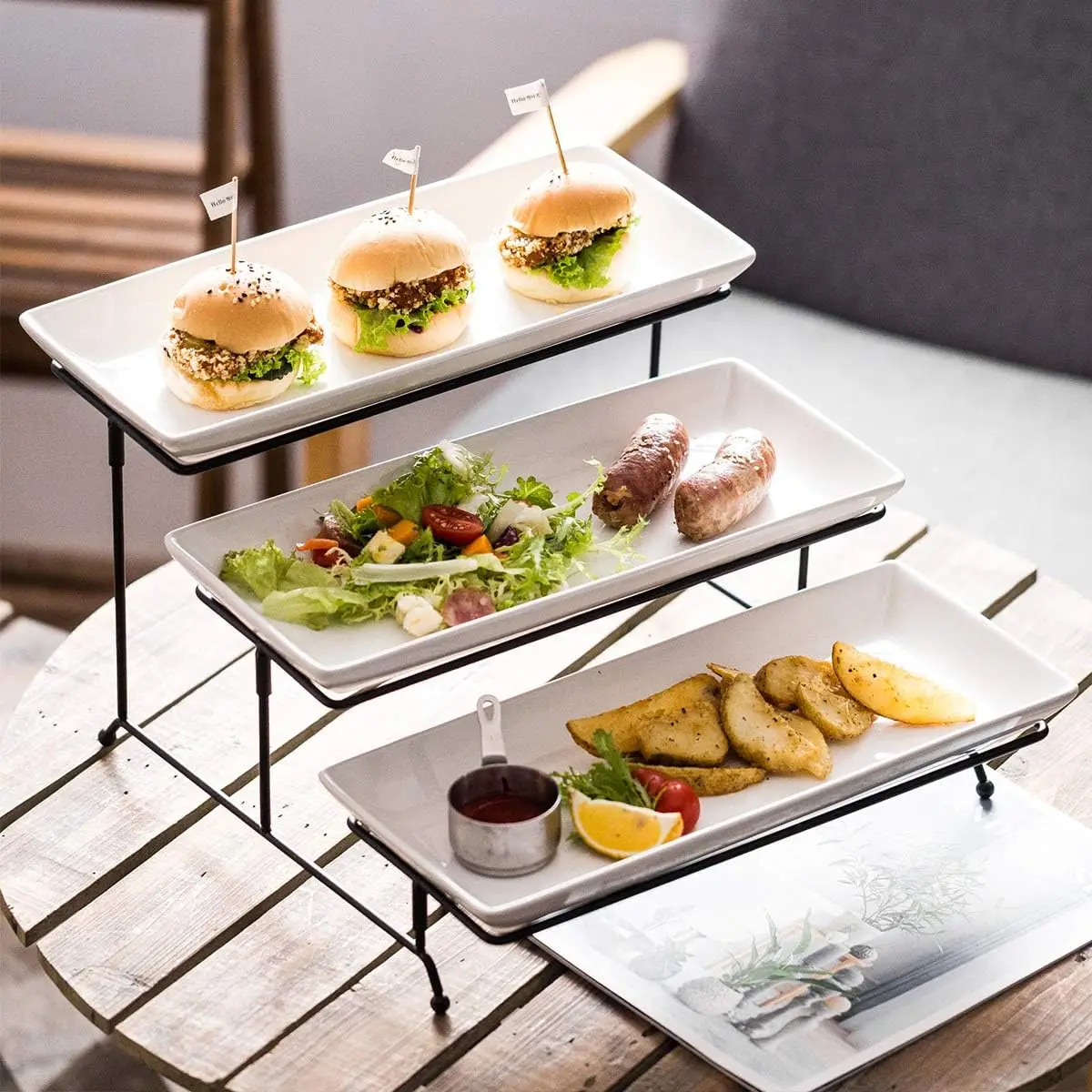 

3 Tier Party Metal Serving Holder Rack With 3 Serving Platters Trays for Dessert Display