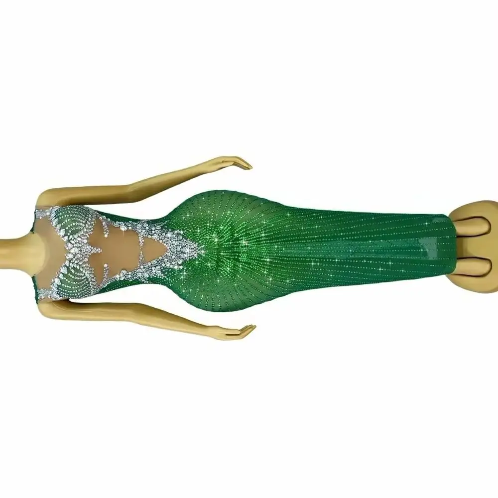 Evening Birthday Celebrate Party Dance Performance Photoshoot Costume Women Sparkly Rhinestones Transparent Green Gold Dress