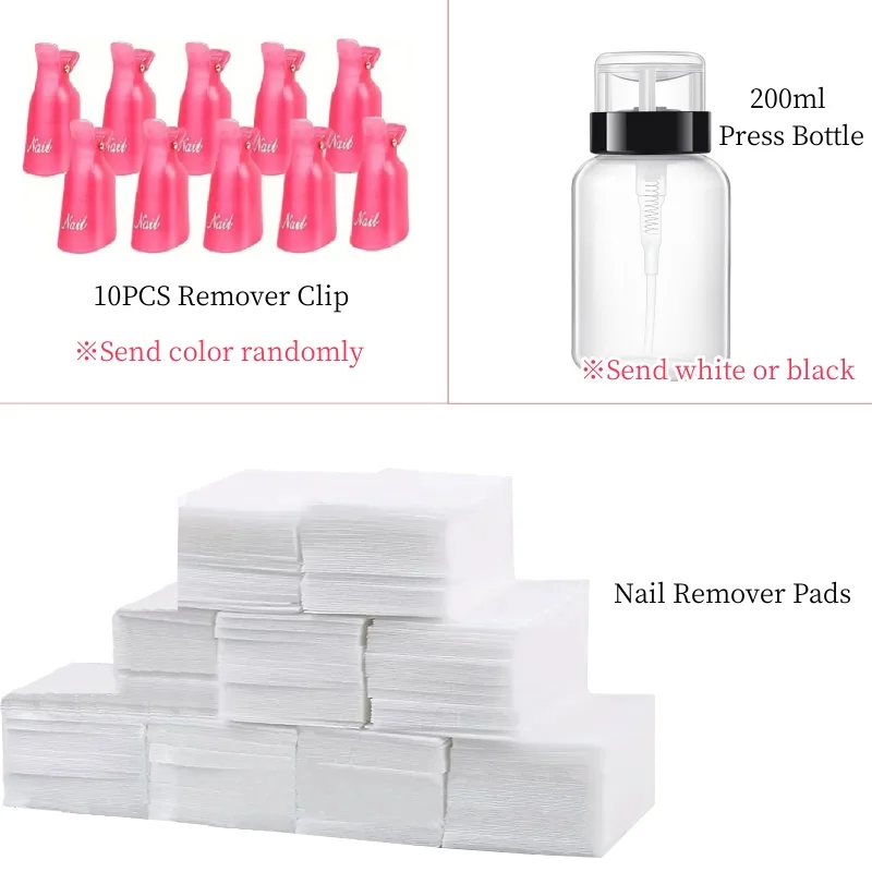 Nail Polish Gel Remover Kit with Soak Off Clips 200ml Remover Bottle Remover Pads Manicure Set Kit Profesional Nail Art