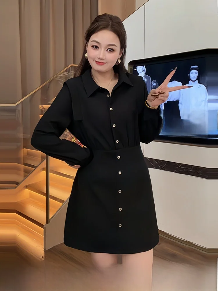 

Spring 2026 plus Size Women's Bla Long Sve irt Dr Korean Sle High Waist ort Skirt A-Line Silhouette Date Ci C...