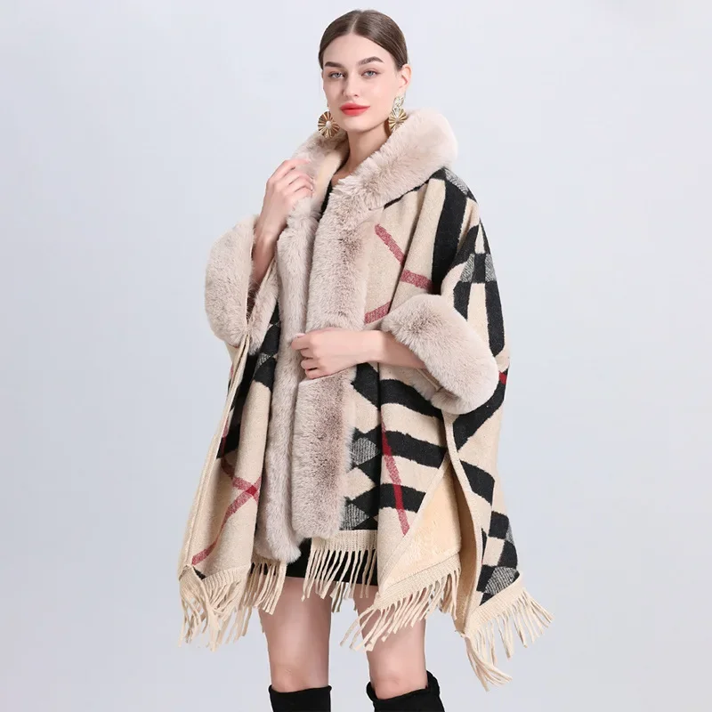 Autumn/winter New Loose-fit Plaid Fleece-lined Thickened Knit Scarf Mantle Women's Woolen Scarf Jacket Pullovers