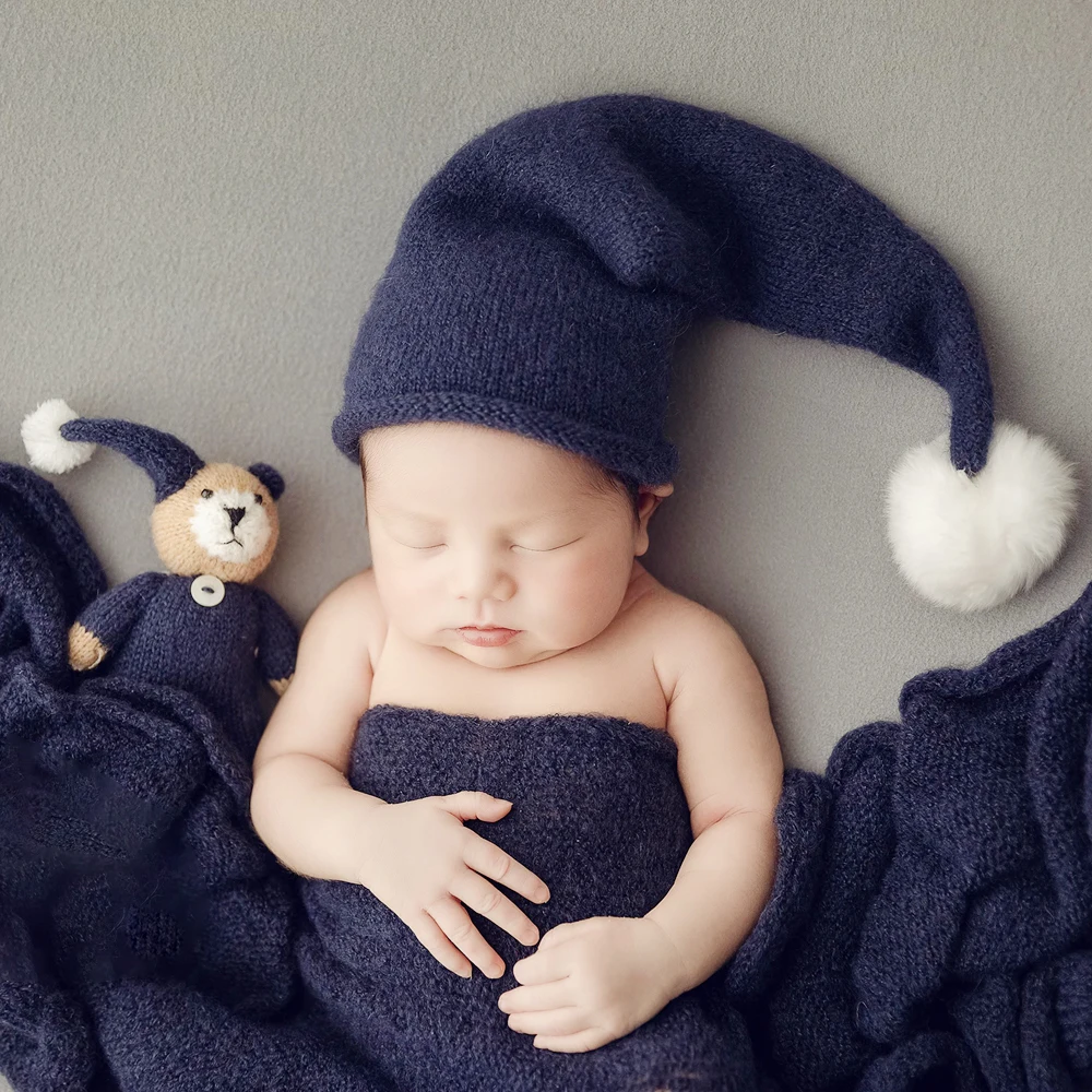 Sombrero de oso de punto para recién nacido, accesorios de fotografía de muñeca, sombrero con pompón, accesorios de disfraz de tiro para bebé,