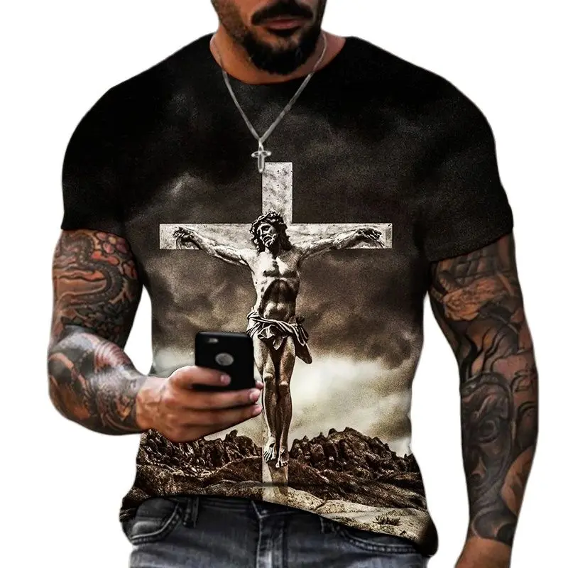 

Summer Men's T-Shirt God Religion Christ Jesus Cross 3D Print Hip Hop Loose Short Sleeve Streetwear Oversized Vintage T Shirts