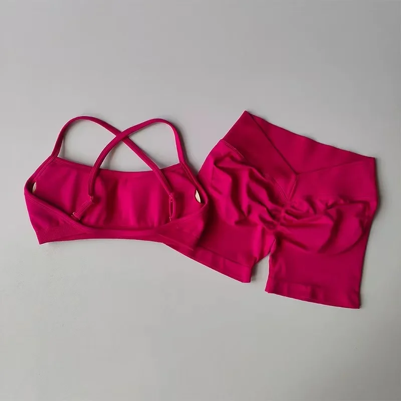 Sexy Neckholder-Sport-BH mit schönem Rücken, hoher Taille, pfirsichfarben, Shorts-Anzug, Pilates, Yoga-Weste, Trainings-Fitness-BH-Set – Detail 9