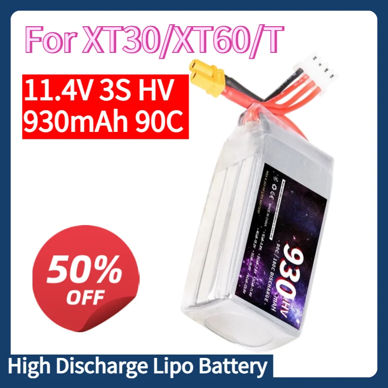 11.4V 3S Lipo Battery 930mAh 90C with XT30/XT60/T Plug for RC FPV Drone Airplane Boat Model Replacement Parts High Voltage