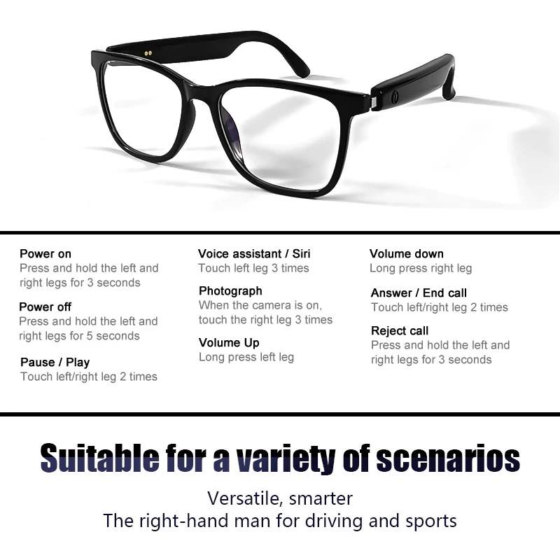 Koipsse smart glasses with microphone fashion wireless call sports sunglasses 2 in 1 high-tech music playback anti-blue light UV