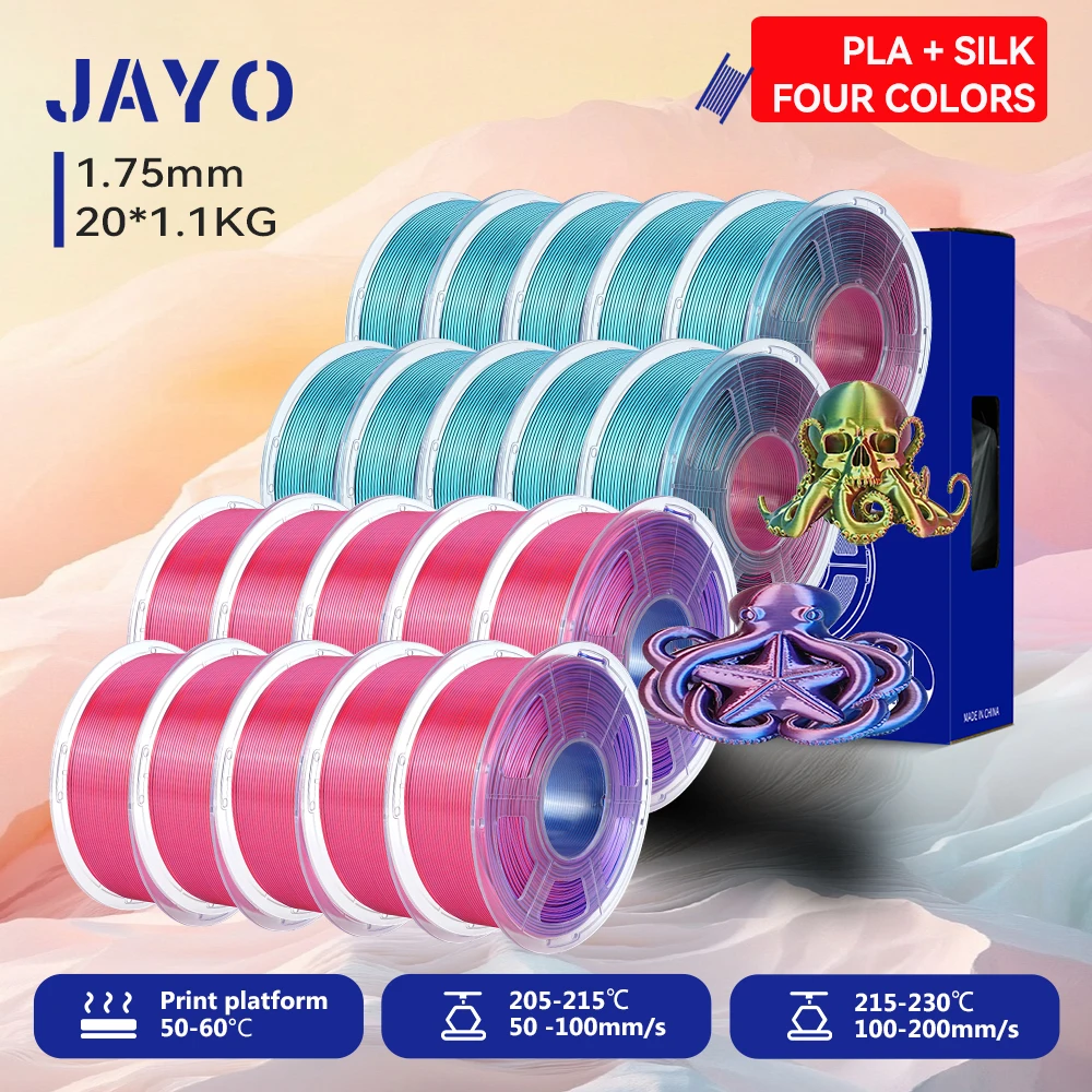 JAYO 20 Rollen 3D Zijde PLA Filament Vierkleurig PLA Plus 3D Printer Filament 1.75mm Glanzende Zijdetextuur 4-in-1 Kleurenfilament