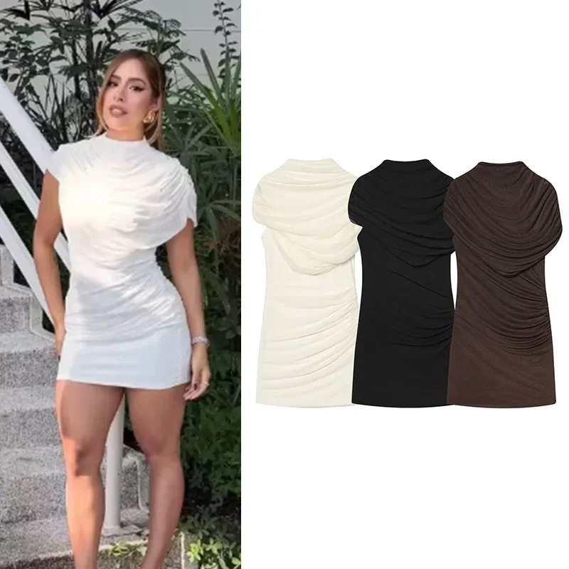 New Women's Sexy Solid Color Pleated Short Dresses Fashion Mesh Slim Sleeveless Dresses Female Elegant Party Dresses