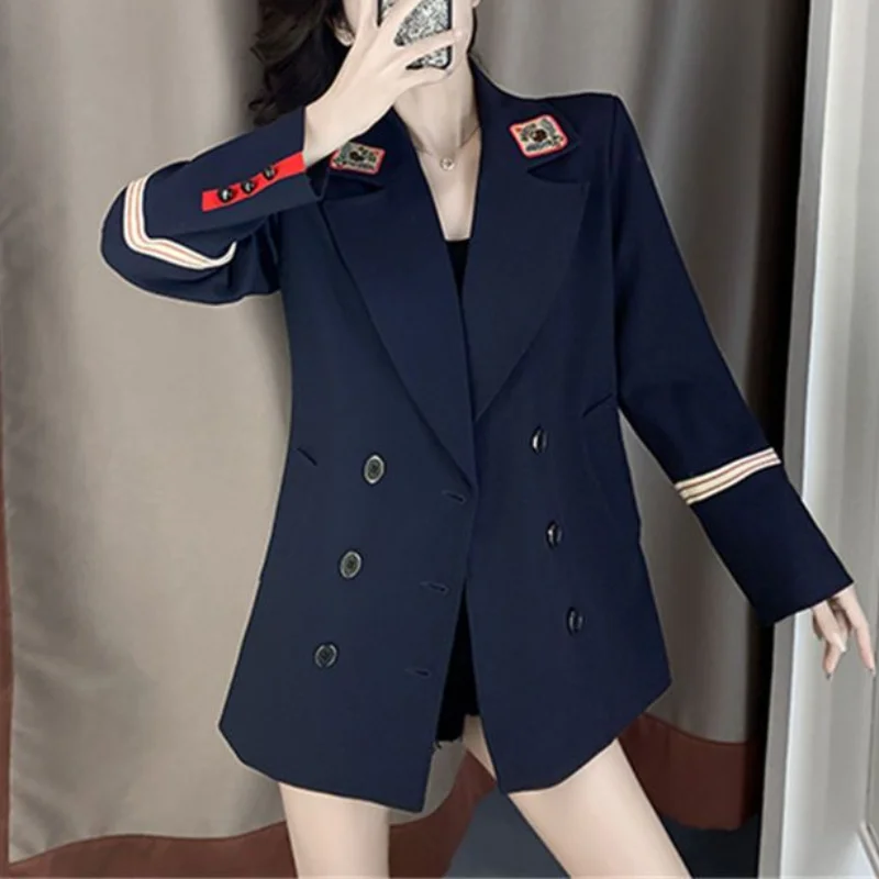 Women\'s Autumn Korean New Small Suit Commuting Fashion Hepburn Style Button Embroidery Splicing Casual Mid Length Versatile Tops