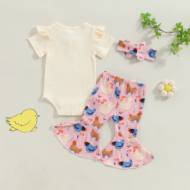 Suefunskry Baby Girl Romper Outfit Ribbed Ruffled Short Sleeve Jumpsuit with Floral&Chick Flare Pants Headband 3Pcs Outfit