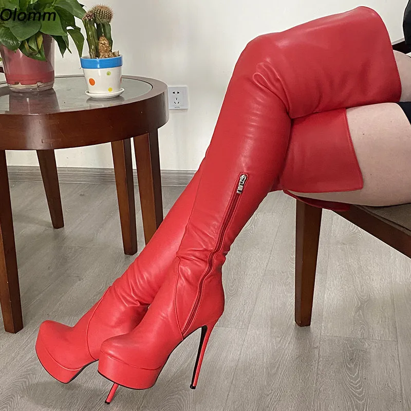 

Olomm Customize Color Women Winter Thigh Boots Unisex Sexy Stiletto Heels Round Toe Pretty Red Club Shoes Plus US Size 5-20