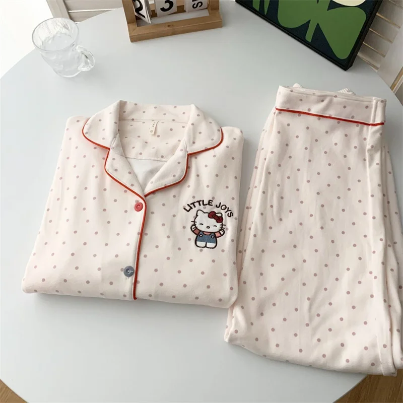 Hello Kitty Women's Pajamas, Velvet Cute Cartoon Set, Warm and Comfortable Woolen Pajamas, Two Piece High Quality Home Clothes
