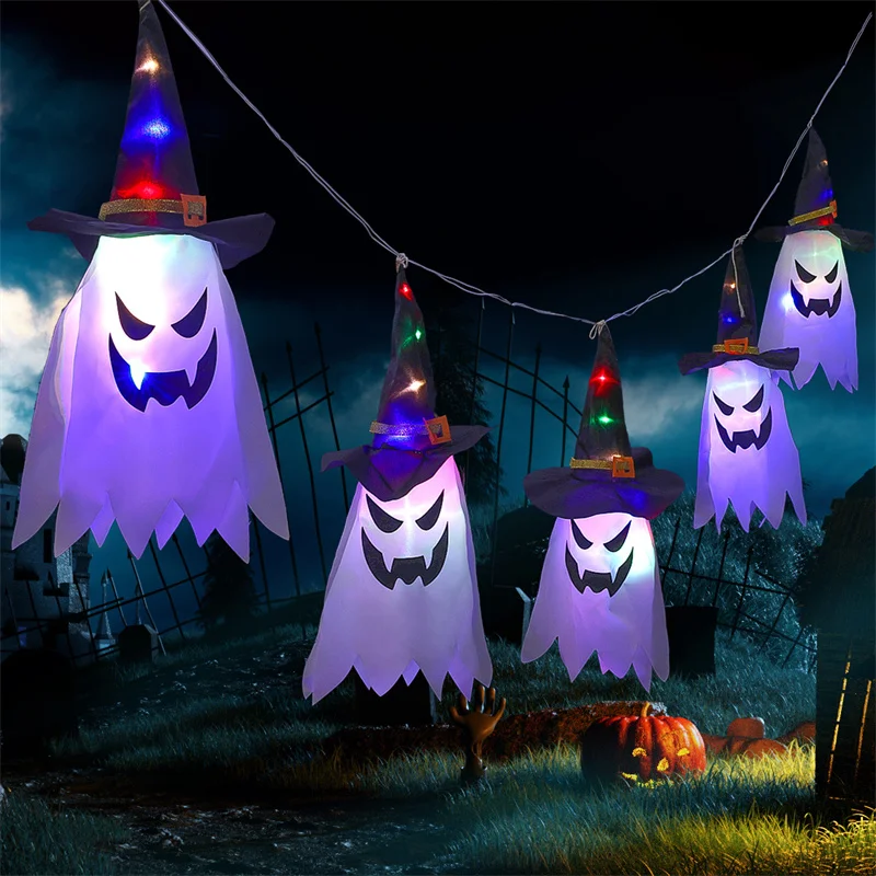 Y2K 45-80CM LED Halloween Decoration Flash Light Gypsophila Ghost Festival Dress Up Glowing Wizard Ghost Hat Lamp Hanging Decor