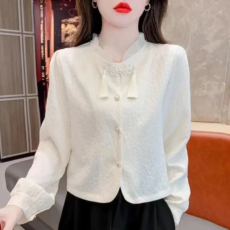 New Chinese style Buckle Long-sleeved Ladies' Shirts Autumn 2024 Autumn Clothes New Chinese Style Retro Temperament Short Coat 。