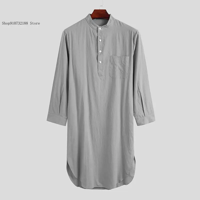 Solid Color Arab Muslim Button Up Long Sleeved Shirt and Long Nightgown for Men