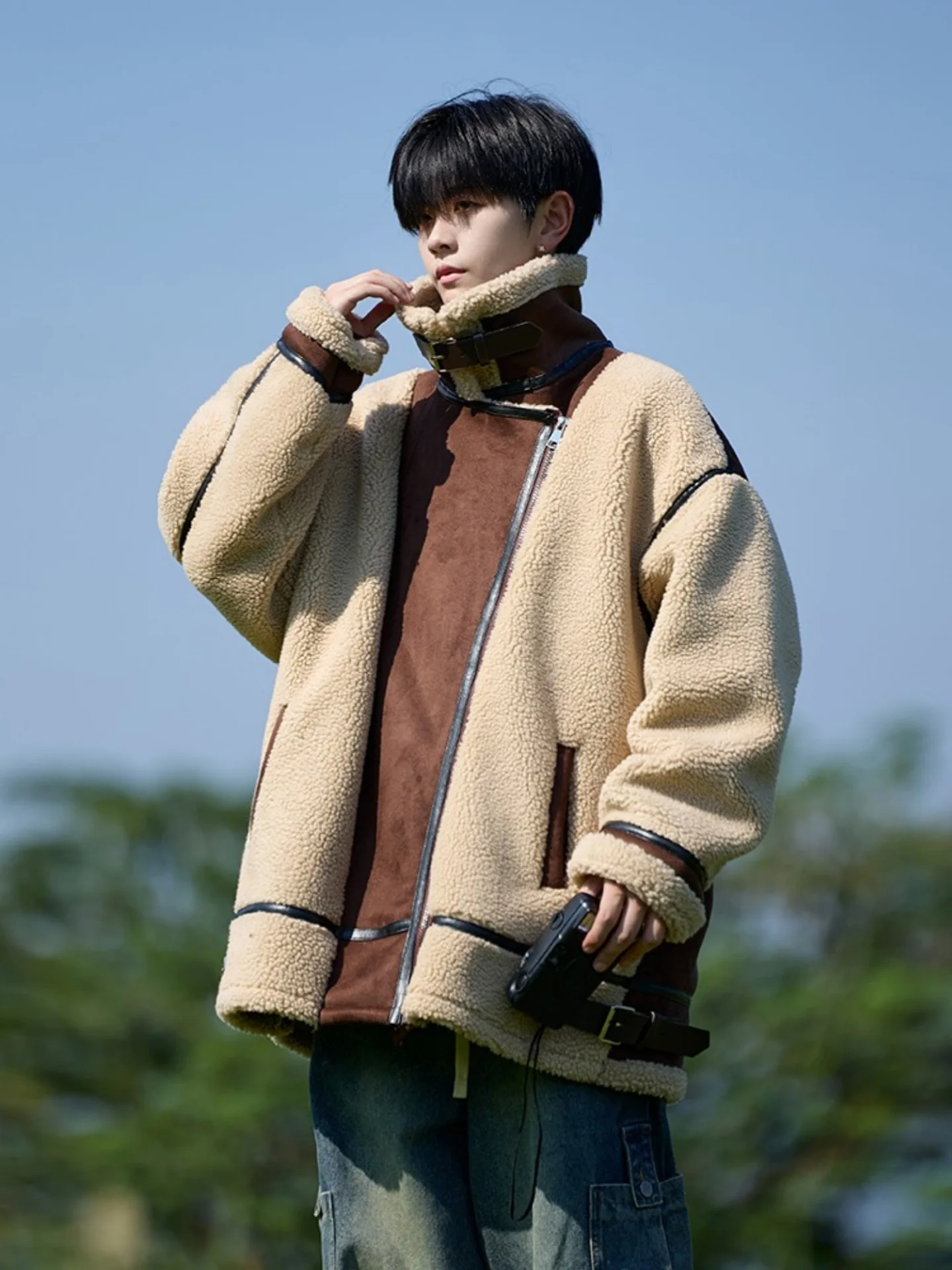 

American Sle Cleanfit Stand Collar Patchwork Lamb Velvet Jaet Cotton Coat Men's plus Size Winter Warmth Couple's Cotton C...