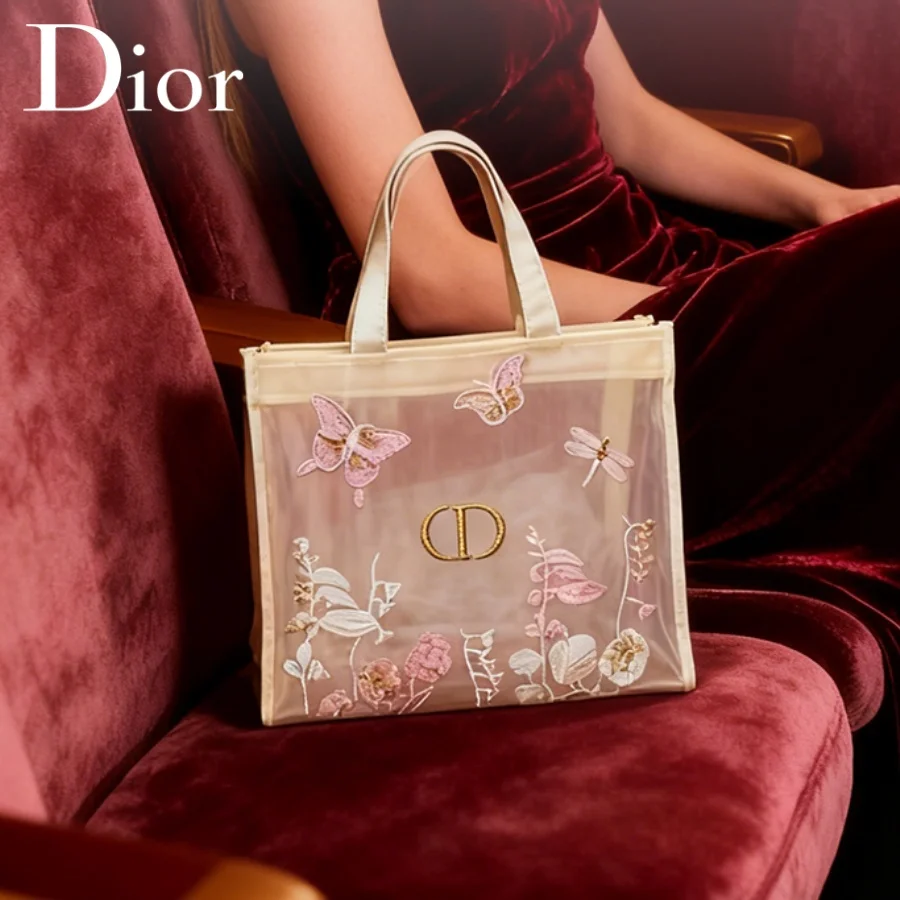 Christian Dior Dior’s Bag Luxury Designer Semi-transparent Mesh Makeup Bag Butterfly Floral Print Travel Cosmetic Organizer Pouc