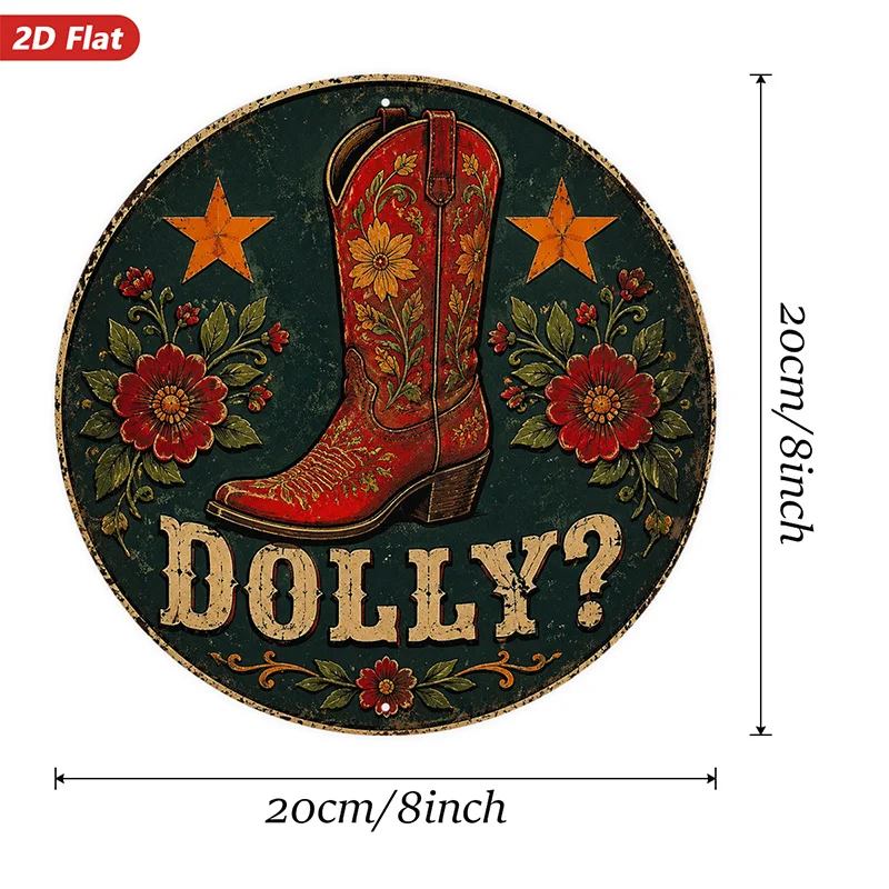 2D Flat, 1pc Dolly Cowgirl Round Metal Sign Wall Art, Red Floral Cowboy Boot, Home Decor, Orange Stars, Ideal for Garden Kitchen