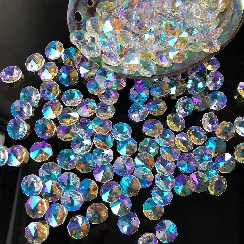 100PCS Aurora Crystal Glass Octagon Beads Garland Chandelier Parts Replacement Beads DIY Lamp Hanging Pendant Suncatcher Making