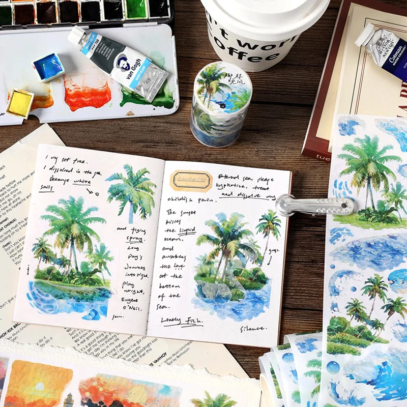 Mr. Paper,200cm/roll,Twilight Sunset Mountain Sea Shell Wave Theme Sticker Tape,Decorative Scrapbook Notebook Phone Case Sticker