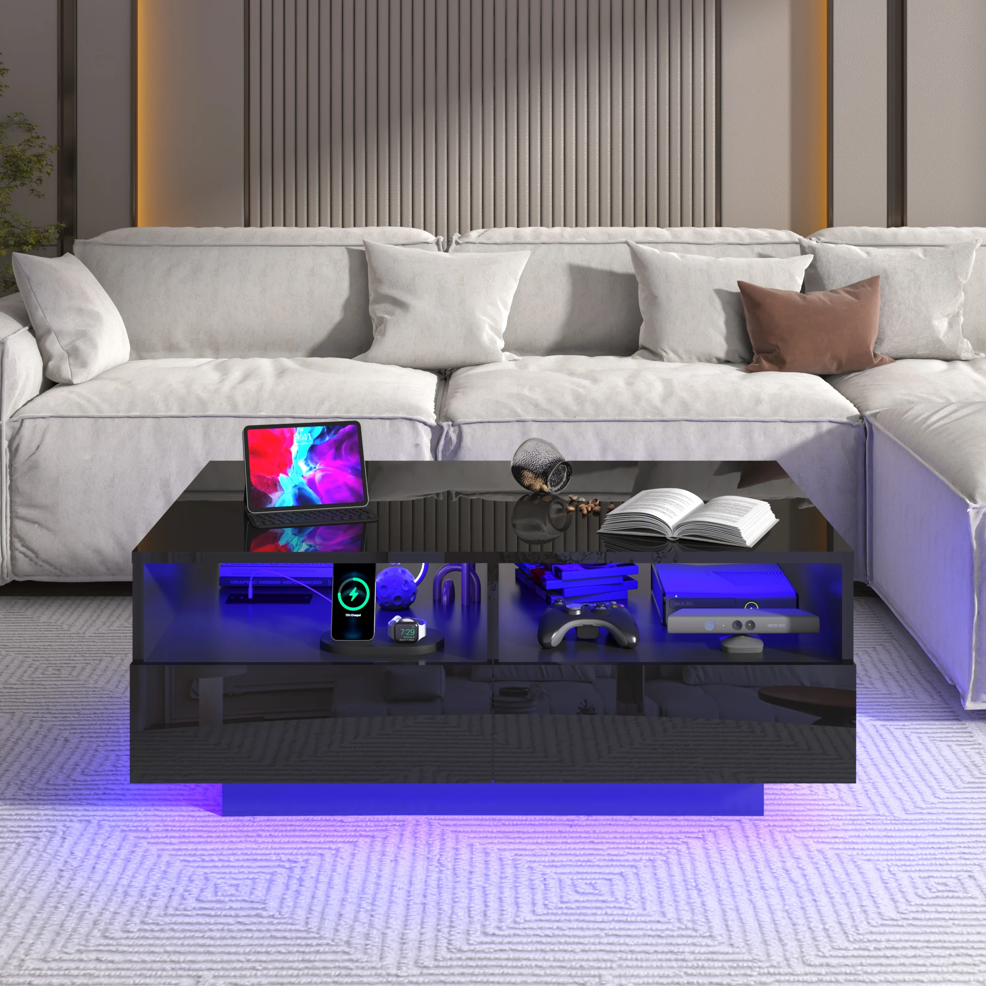 LED Coffee Table with 4 Storage Drawers, Modern High Glossy Center Table with Charging Station and Open Shelf for Living Room