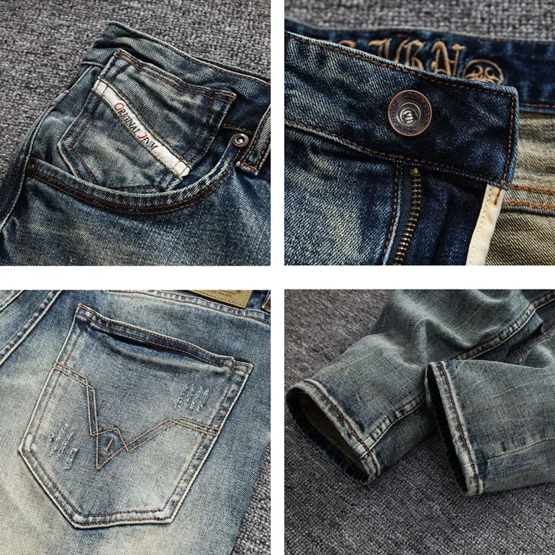 Fashion Streetwear Men Jeans High Quality Retro Washed Blue Stretch Slim Fit Ripped Jeans Men Vintage Designer Denim Pants Homme