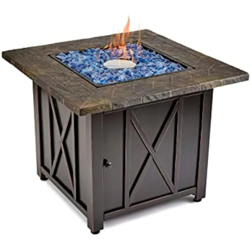 

Summer 30 Inch Square 30,000 BTU Liquid Propane Gas Outdoor Fire Pit Table w/Push Button Ignition, Blue Fire Glass, & St