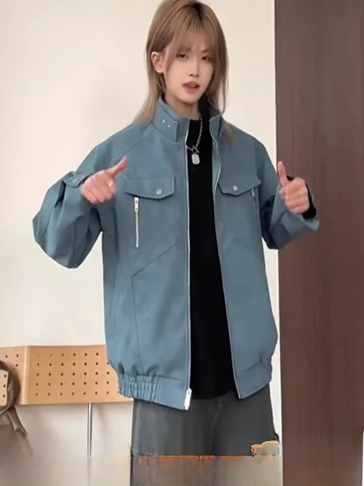 

American Retro PU Leather Stand Collar Workwear Jaet Men's Spring Autumn Trendy Brand Leather Coat Cleanfit Couple Tops