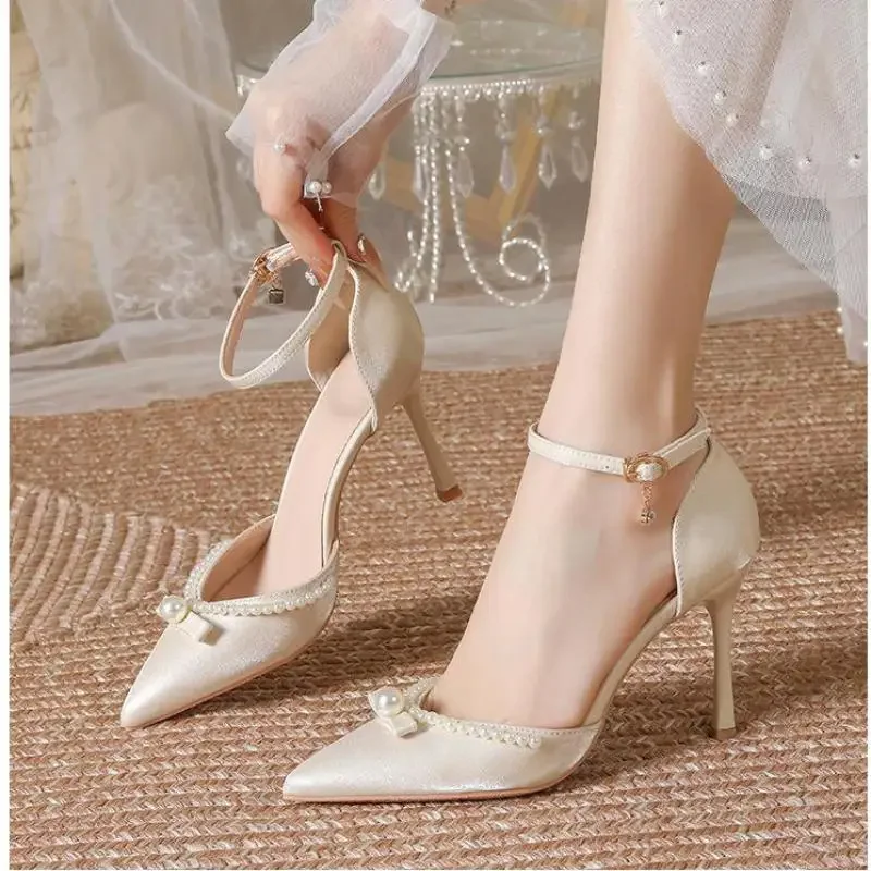 

Size 30-44 Point Toe Stiletto Hollow 9cm High Heels Pearls Buckle Satin Apricot V-mouth Women Dress Shoes