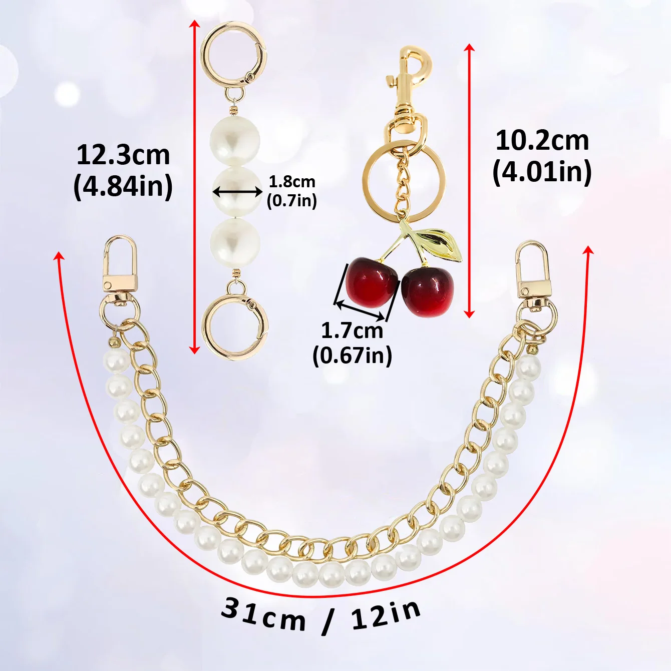 3 PCS Bag Charms Pearl & Cherry Keychains Replacement Extension Chain for Crossbody Bags Handbag Straps