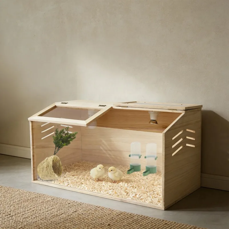 Chicken Brooder Box, Indoor Brooding Box with Heating Lamp & Thermometer, Wooden Brooder for Ducklings Lizards Snakes