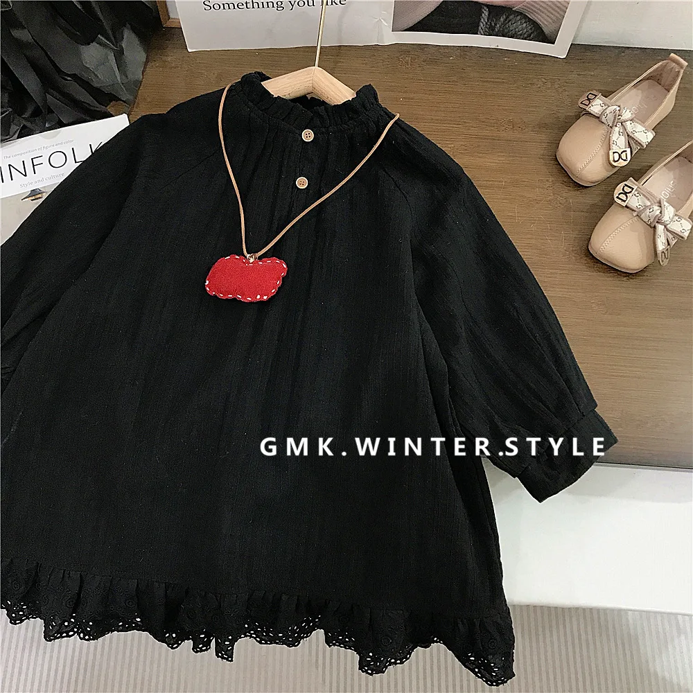 

Черное платье с длинными рукавами в стиле ретро для девочек, новая корейская детская одежда на весну и осень, свободное платье принцессы с кружевными краями для маленьких девочек