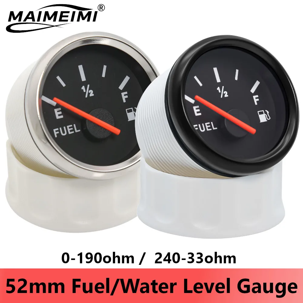 52mm (2'') Fuel Level Gauge 0-190/240-33ohm Signal Fuel Meter Indicator Water Meter for Car Sailboat with Red Backlight 12V/24V