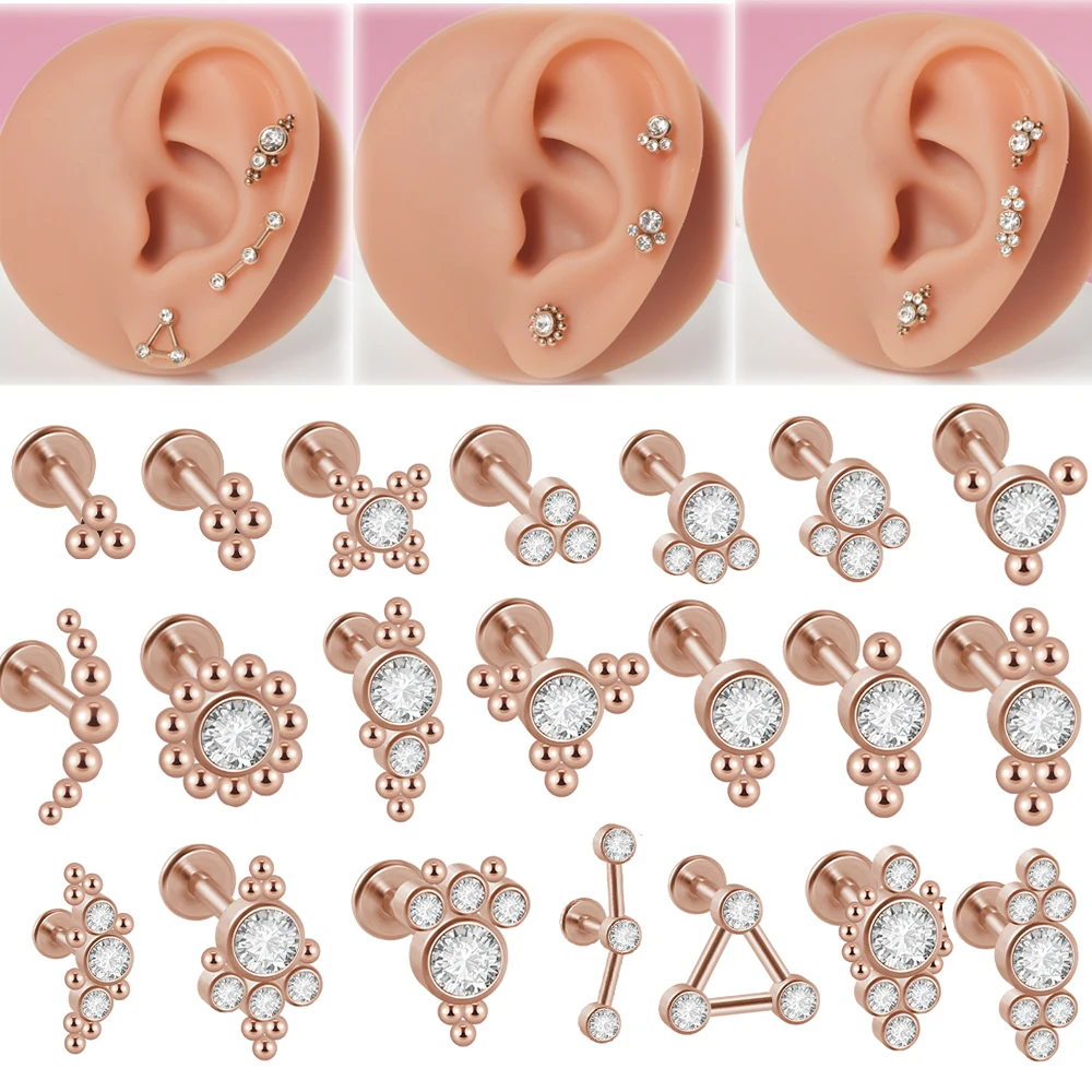 Aço cirúrgico Rose Gold Cor Labret Lip Stud, CZ Cluster, Cartilagem da orelha, Tragus Helix, Daith Piercing, Jóia do corpo, 16g, 1Pc