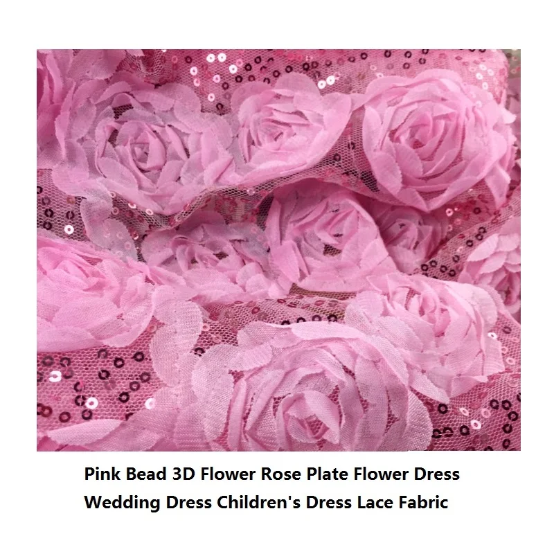 

Pink Bead 3D Rose Plate Flower Lace Fabric For Wedding