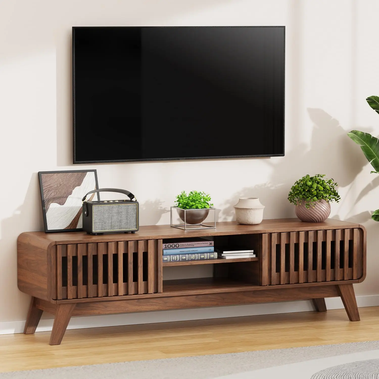 59 Inch Mid Century Modern TV Stand for 65 Inch TV (Walnut), Customized